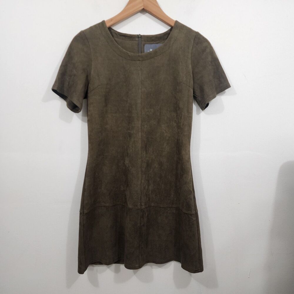 Paper Crane Faux Suede Mini Dress Brown Olive Short Sleeve Stretch Womens Size S